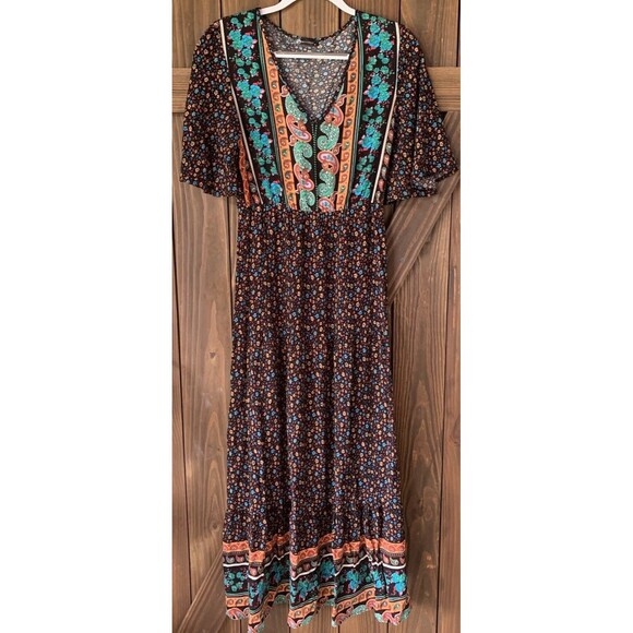 Pretty Garden Boho Maxi Dress Womens M Short Sleeve Floral - Picture 3 of 7